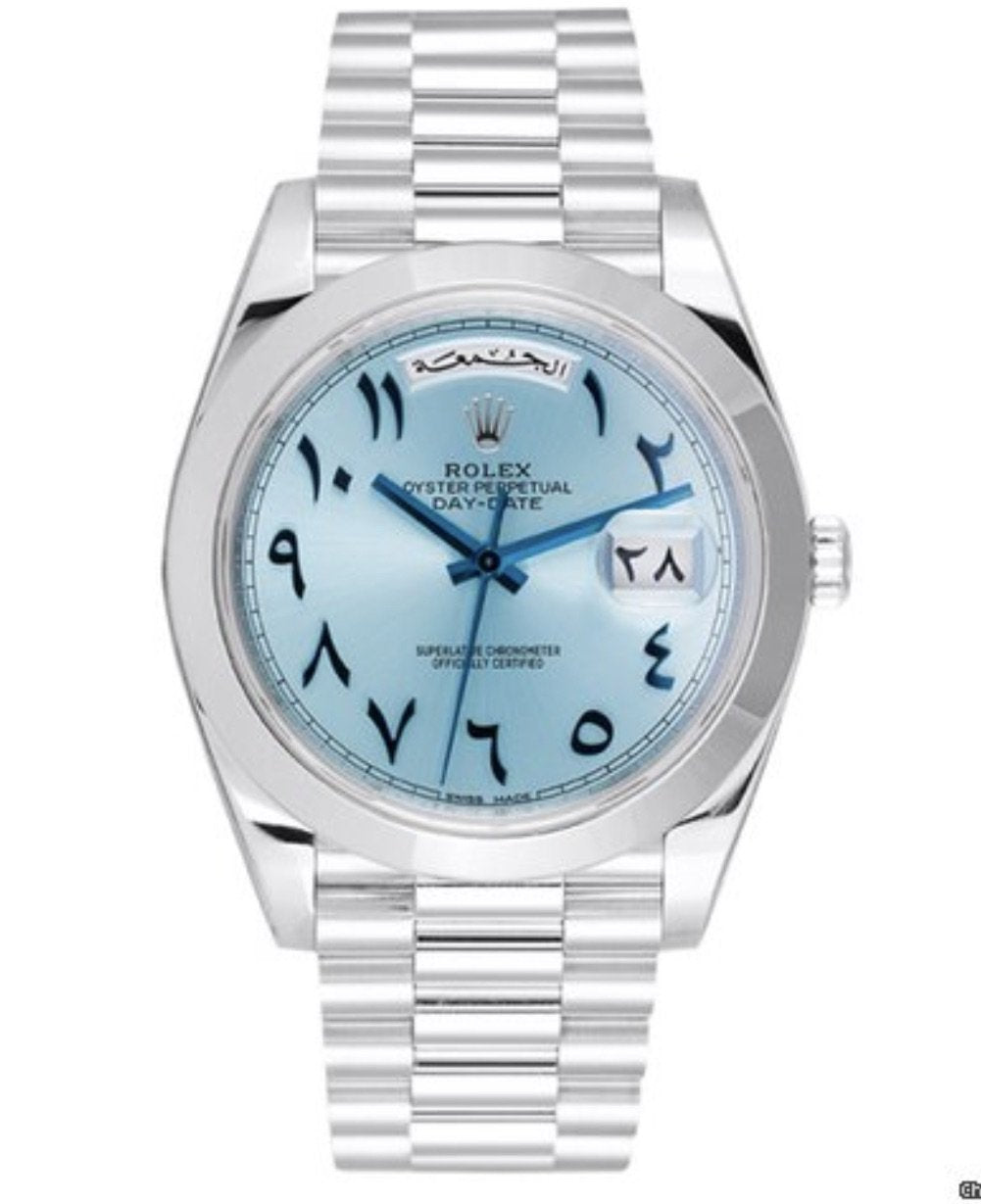 Swiss Clone Replica Rolex Day Date Ice Blue Arabic Dial Platinum